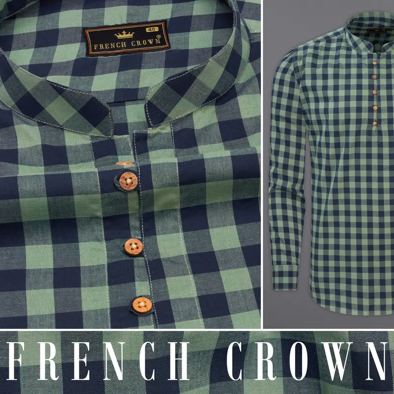 Battleship Green And Valhalla Blue Checkered Premium Cotton Kurta Shirt 10