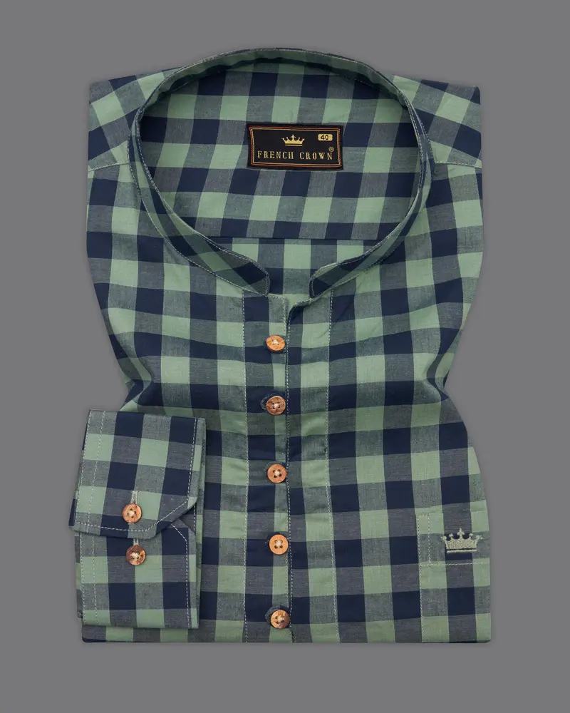 Battleship Green And Valhalla Blue Checkered Premium Cotton Kurta Shirt 2