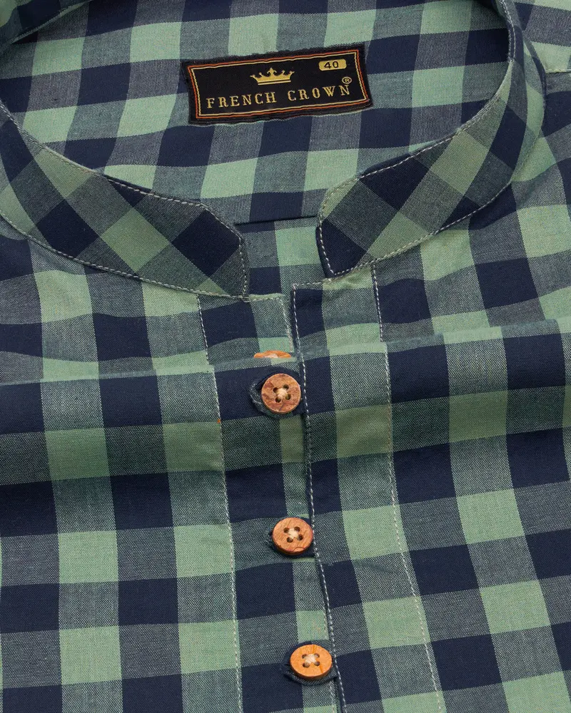 Battleship Green And Valhalla Blue Checkered Premium Cotton Kurta Shirt 4