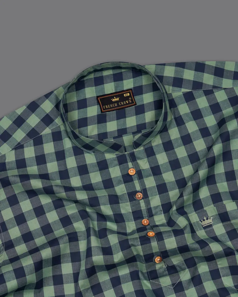 Battleship Green And Valhalla Blue Checkered Premium Cotton Kurta Shirt 5