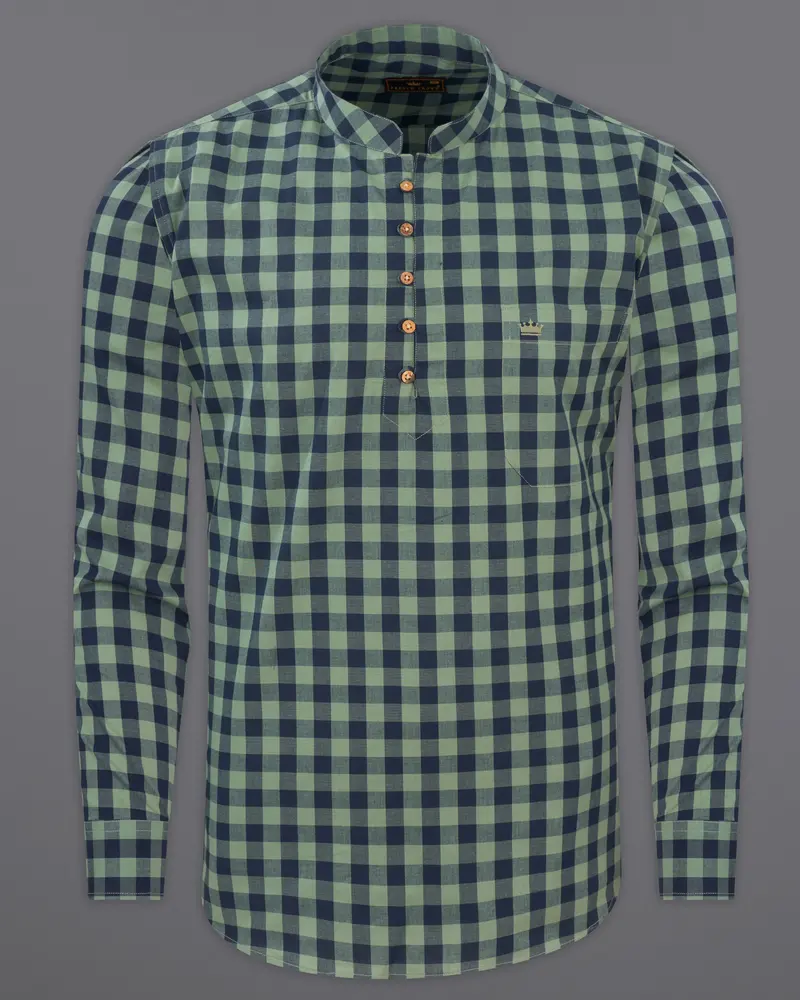 Battleship Green And Valhalla Blue Checkered Premium Cotton Kurta Shirt 6
