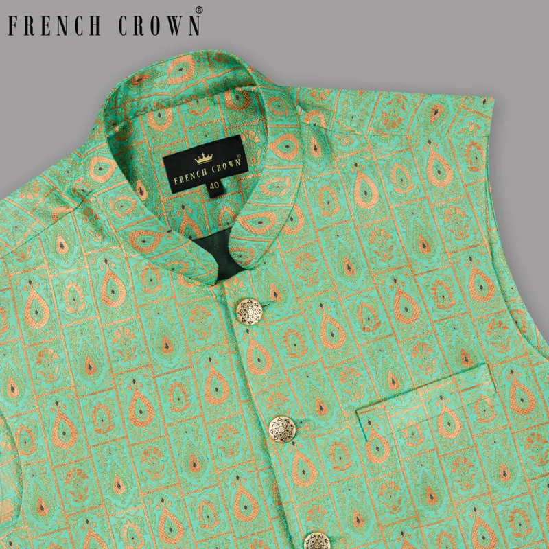 Bay Leaf Green With Golden Ancient Art Designer Nehru Jacket 1
