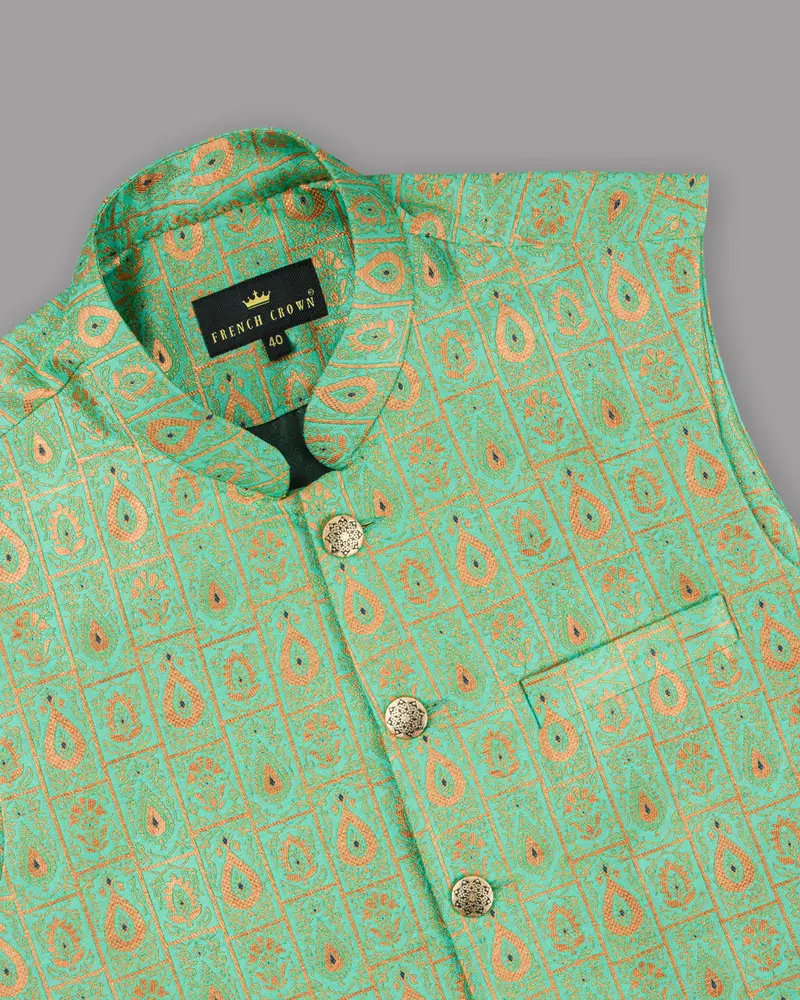 Bay Leaf Green With Golden Ancient Art Designer Nehru Jacket 2