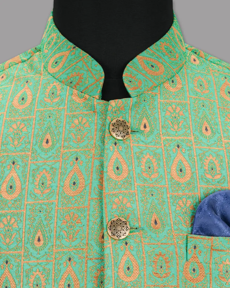 Bay Leaf Green With Golden Ancient Art Designer Nehru Jacket 4