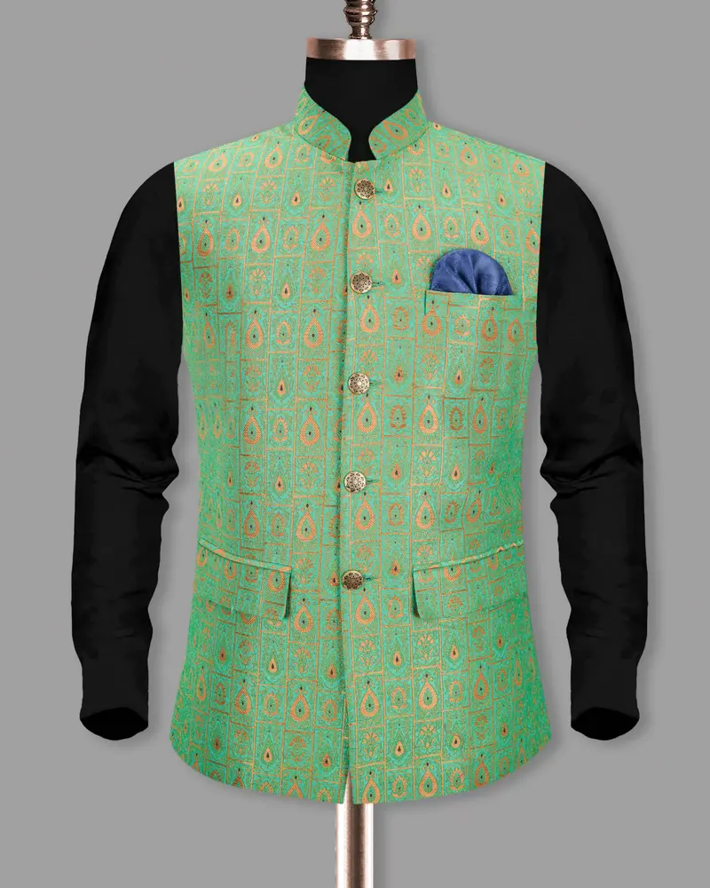 Bay Leaf Green With Golden Ancient Art Designer Nehru Jacket 5