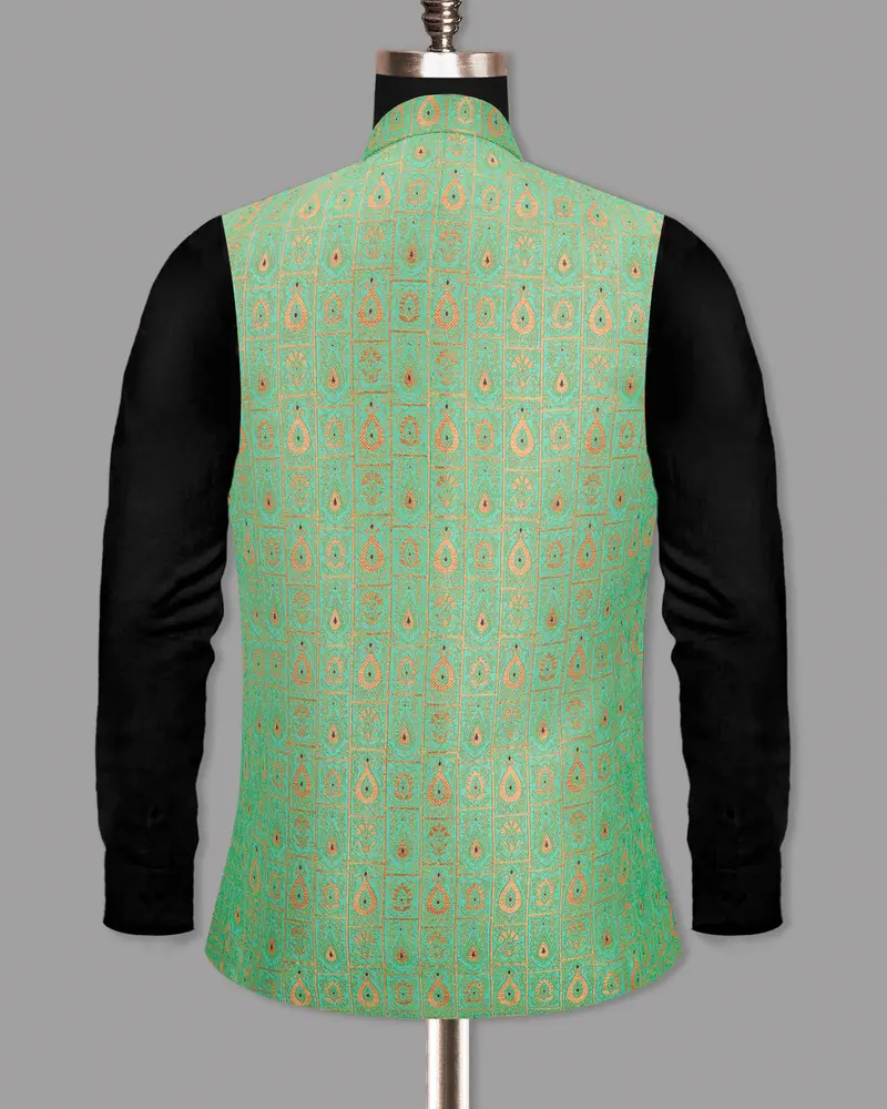 Bay Leaf Green With Golden Ancient Art Designer Nehru Jacket 6