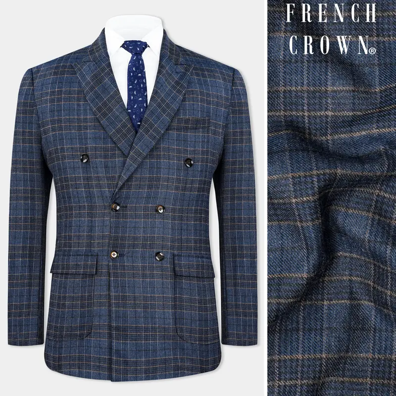 Bayoux Blue And Ironside Gray Plaid Tweed Double Breasted Blazer 1