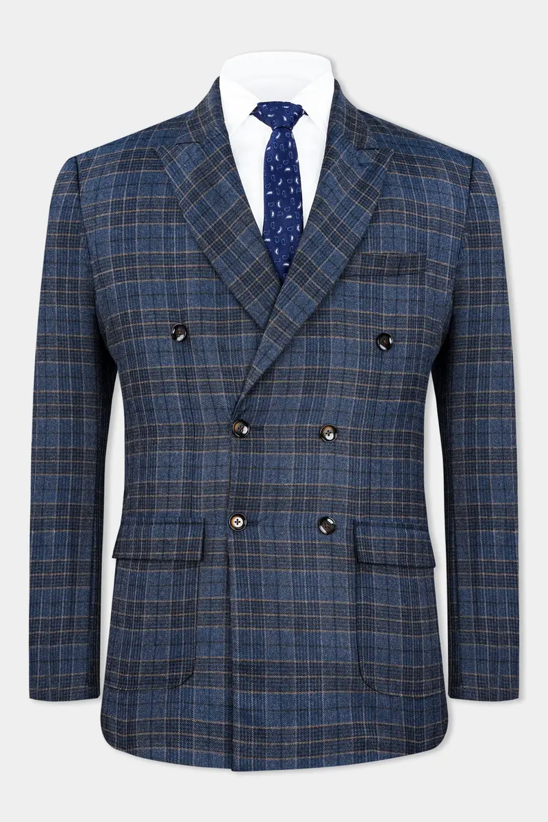 Bayoux Blue And Ironside Gray Plaid Tweed Double Breasted Blazer 2