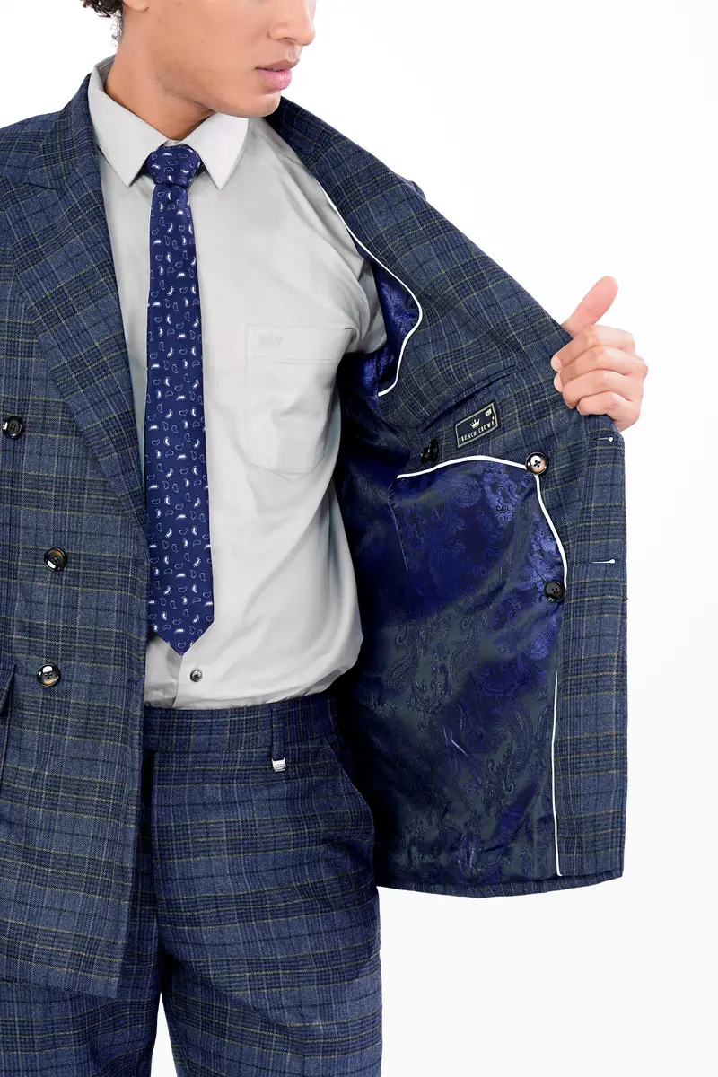 Bayoux Blue And Ironside Gray Plaid Tweed Double Breasted Blazer 6