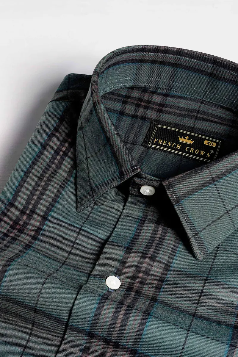 Bayoux Green With Onyx Black And Ferra Brown Twill Plaid Premium Cotton Shirt 1