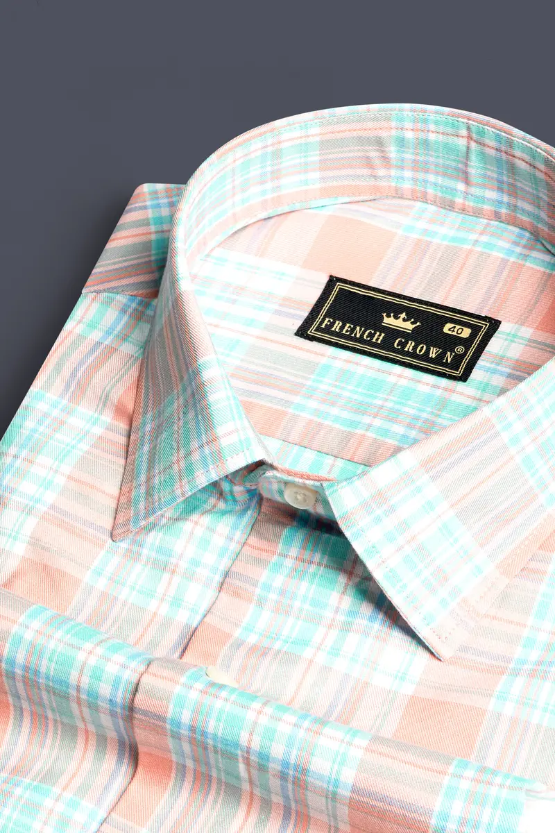 Beauty Pink And Moonstone Blue Twill Checkered Premium Cotton Shirt 1