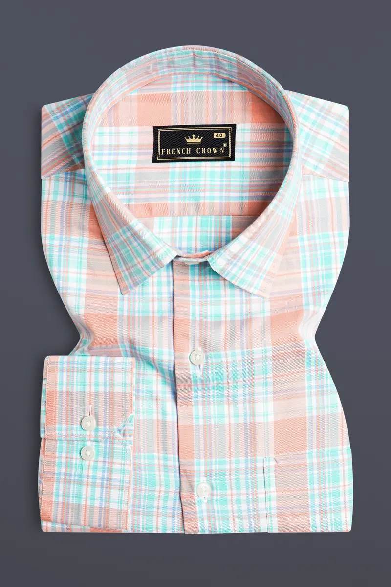 Beauty Pink And Moonstone Blue Twill Checkered Premium Cotton Shirt 3