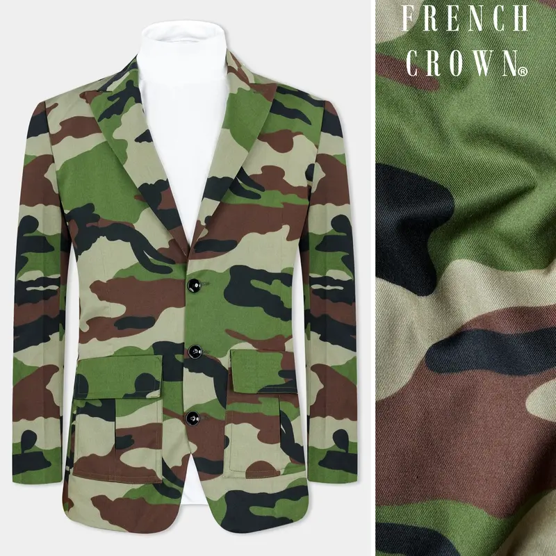 Beaver Brown And Finch Green Camouflage Premium Cotton Designer Blazer 1