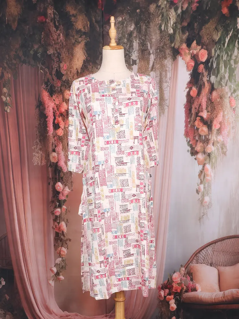 Beige Abstract Printed Cotton Rayon Kurti 1