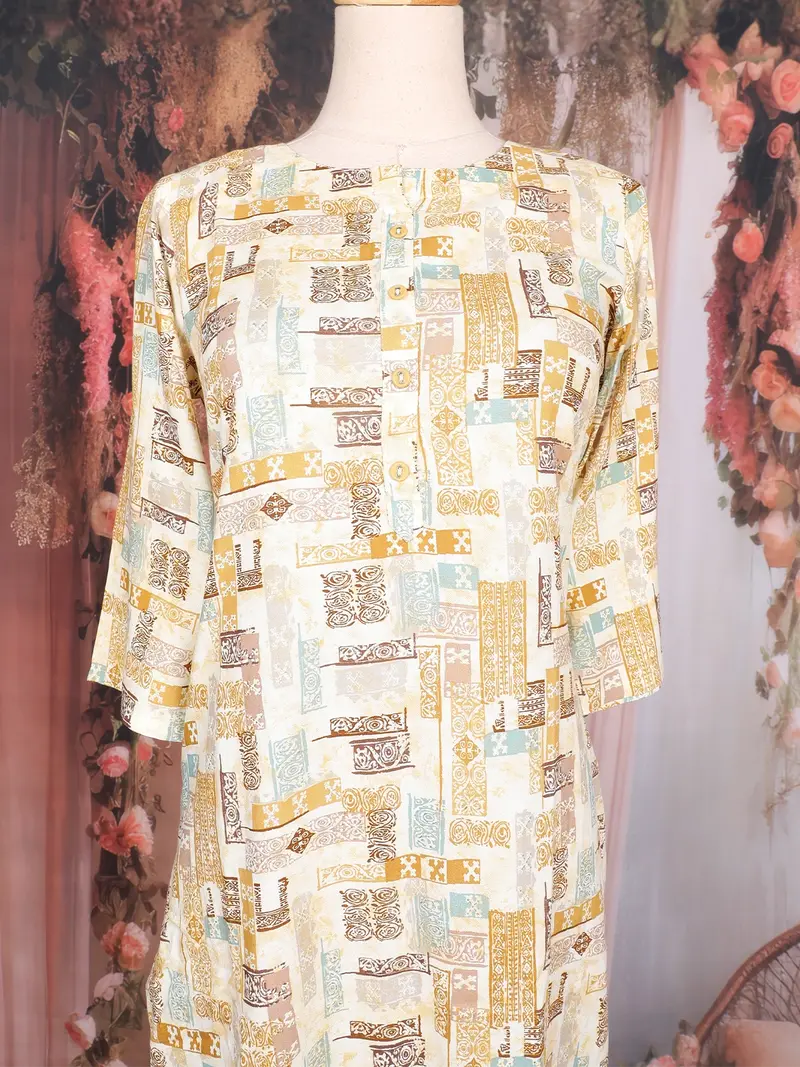 Beige Abstract Printed Cotton Rayon Kurti 2