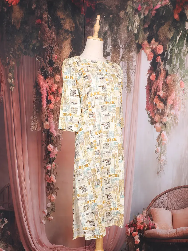 Beige Abstract Printed Cotton Rayon Kurti 4