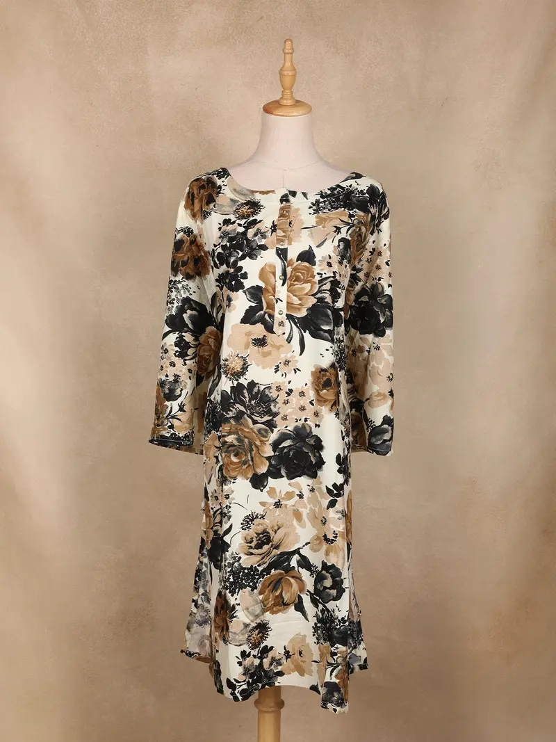 Beige And Black Floral Printed Cotton Kurti 1