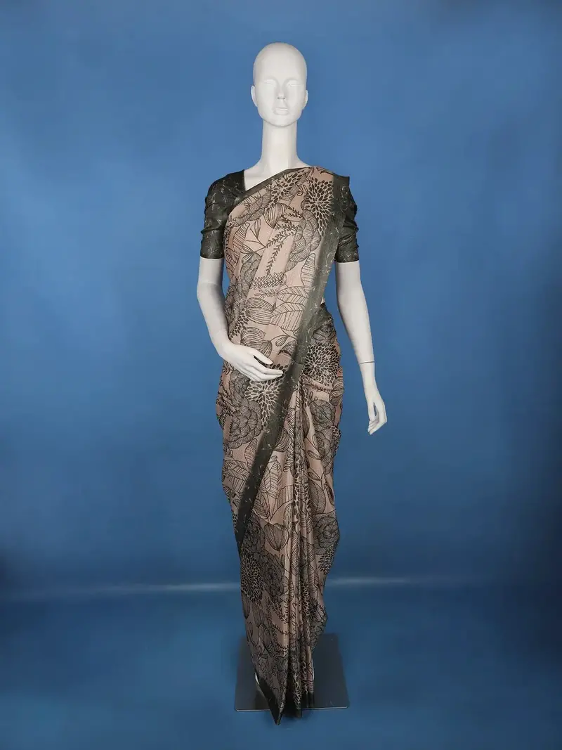 Beige And Green Floral Printed Semi Tussar Saree 1