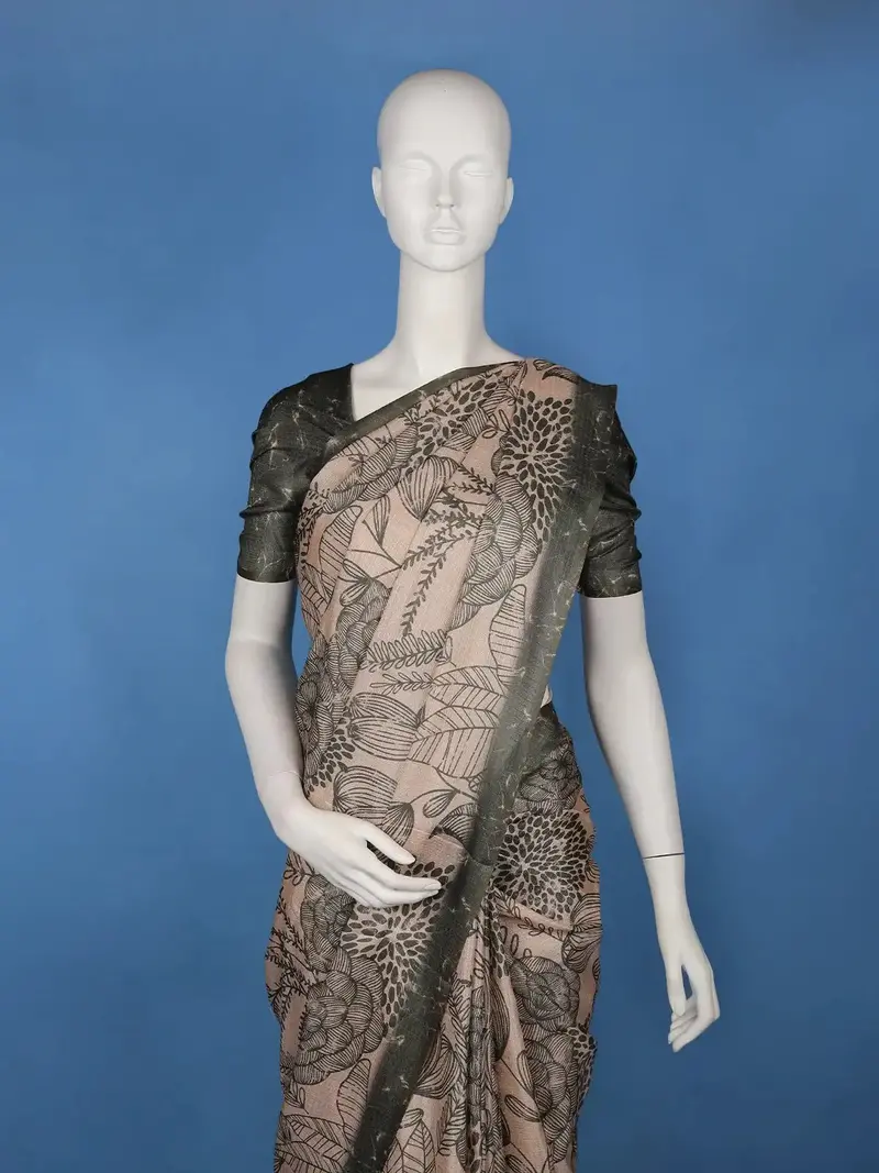 Beige And Green Floral Printed Semi Tussar Saree 2