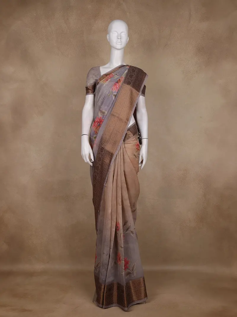 Beige And Grey Floral Printed Design Chanderi Cotton Saree  With Zari Woven Border 1