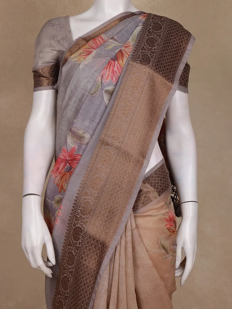 Beige And Grey Floral Printed Design Chanderi Cotton Saree With Zari Woven Border 2