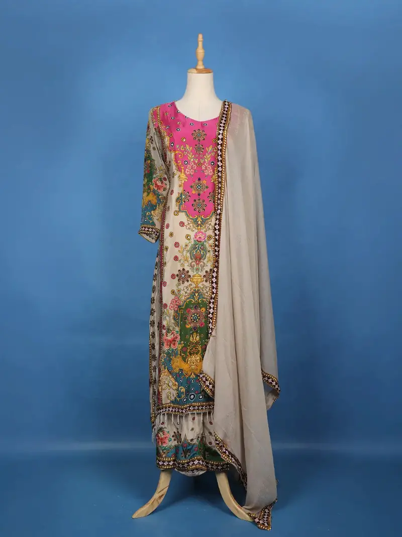 Beige And Pink Multicolor Floral Printed Synthetic Palazzo Salwar Suit 1