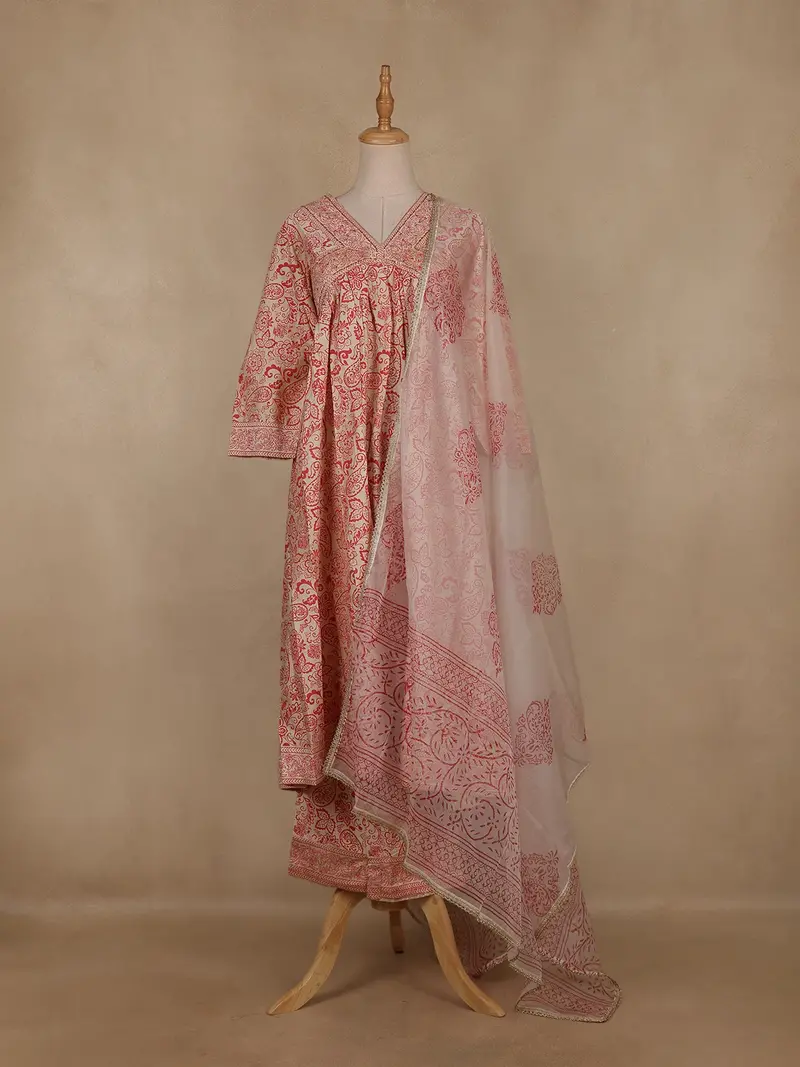 Beige And Red Floral Design Cotton Salwar Suit 1