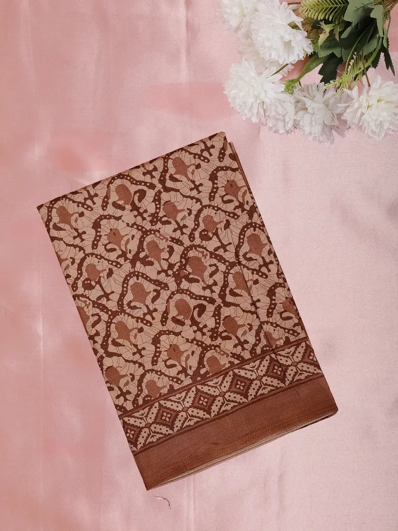 Beige And Rust Brown Kalamkari Printed Design Mixed Silk Cotton Fancy Saree 1