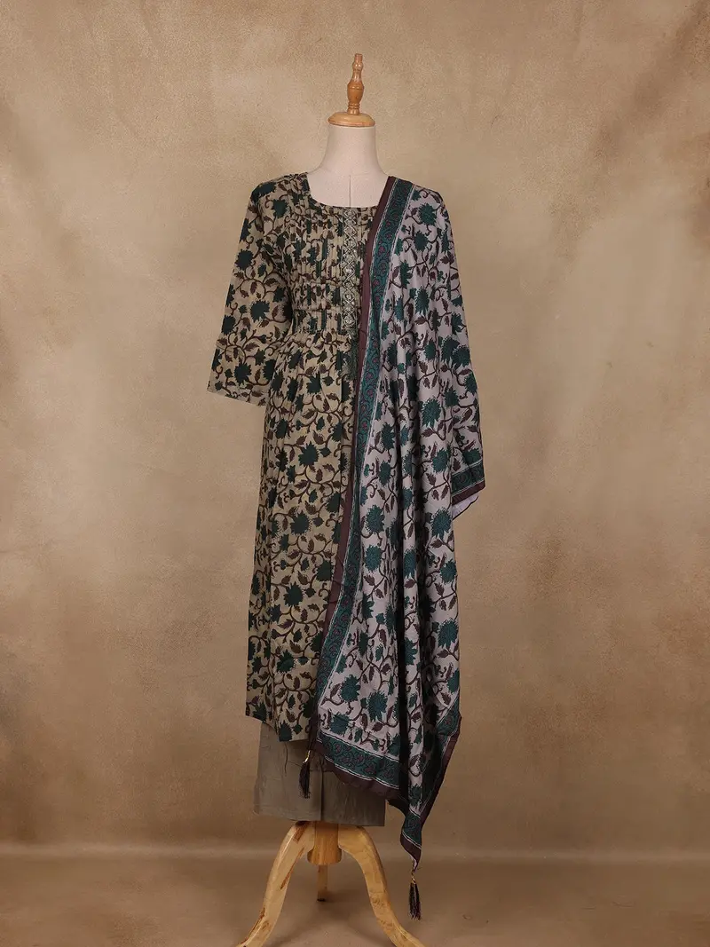 Beige And Teal Green Floral Printed Cotton Salwar Suit With Dupatta 1