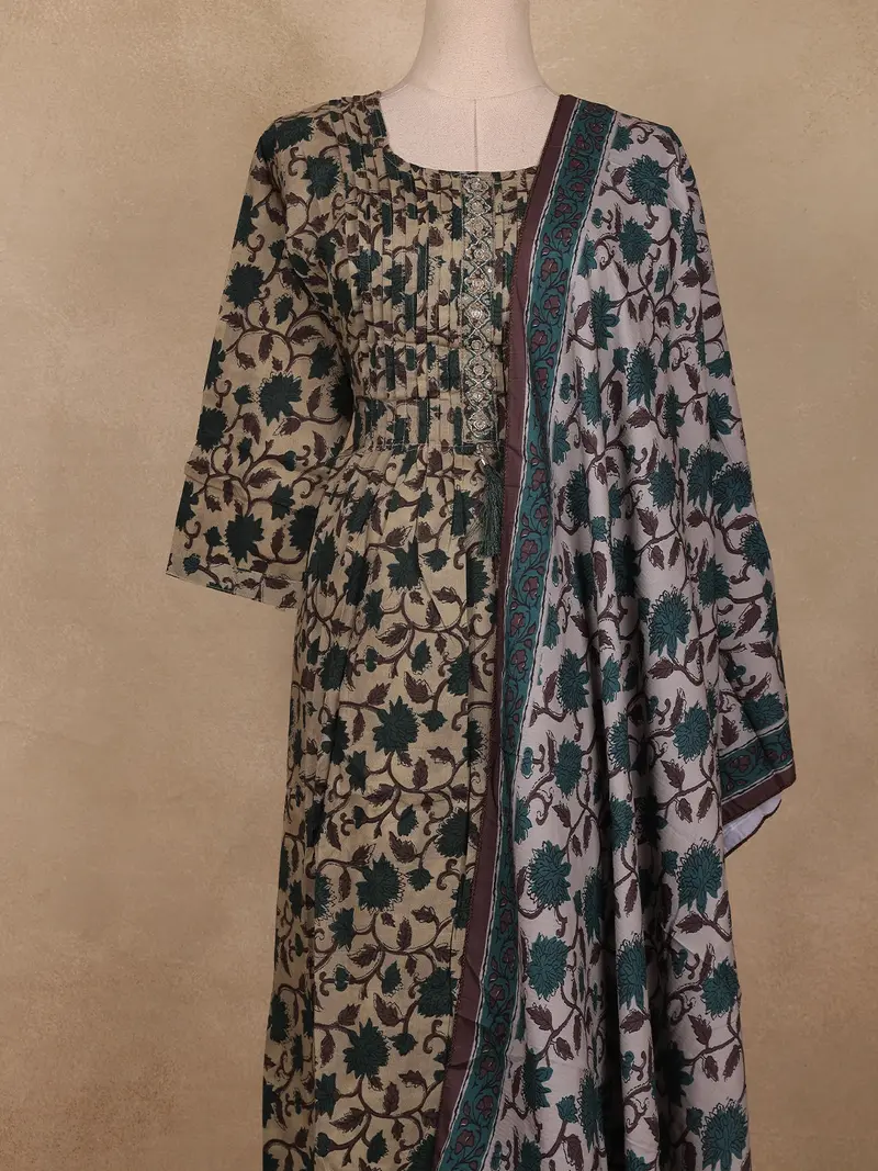 Beige And Teal Green Floral Printed Cotton Salwar Suit With Dupatta 2