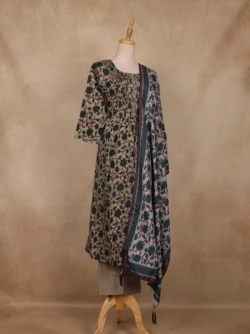Beige And Teal Green Floral Printed Cotton Salwar Suit With Dupatta 3