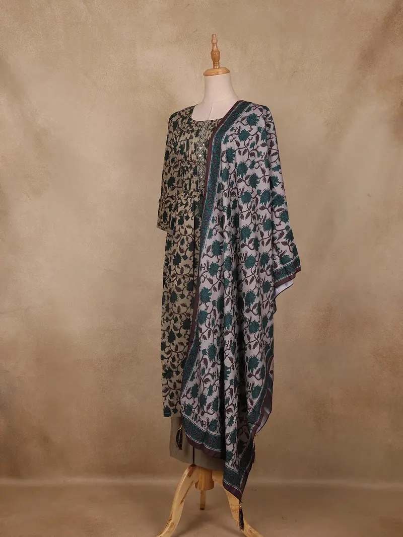 Beige And Teal Green Floral Printed Cotton Salwar Suit With Dupatta 4