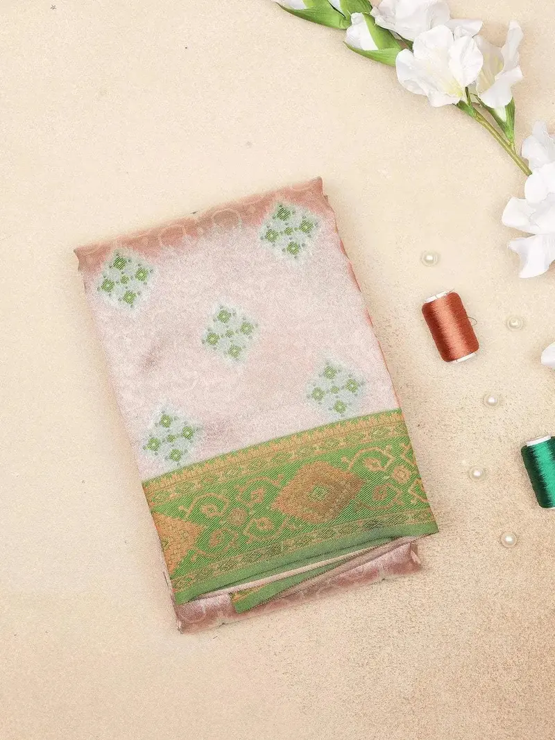 Beige Art Silk Saree With Illusion Design On The Body With Contrast Zari Border 1