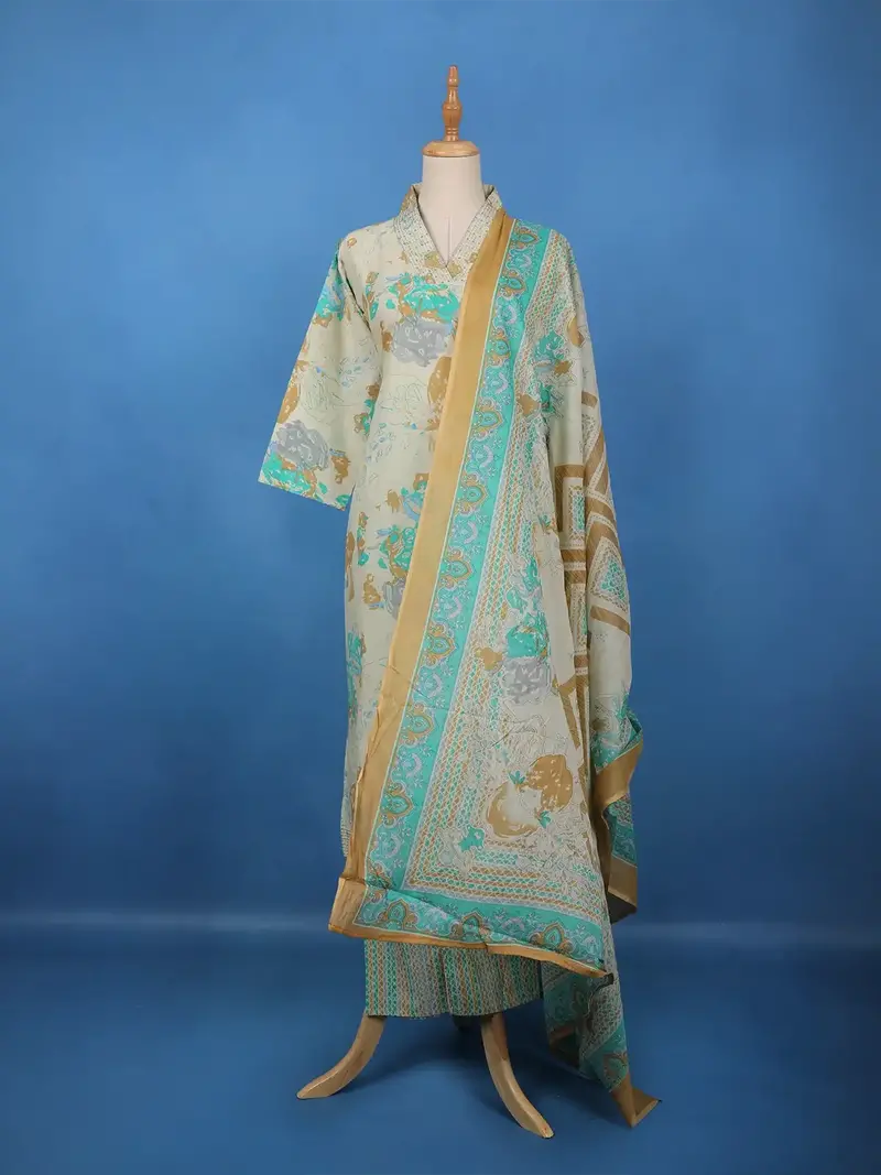 Beige Artistic Printed Cotton Salwar Suit 1