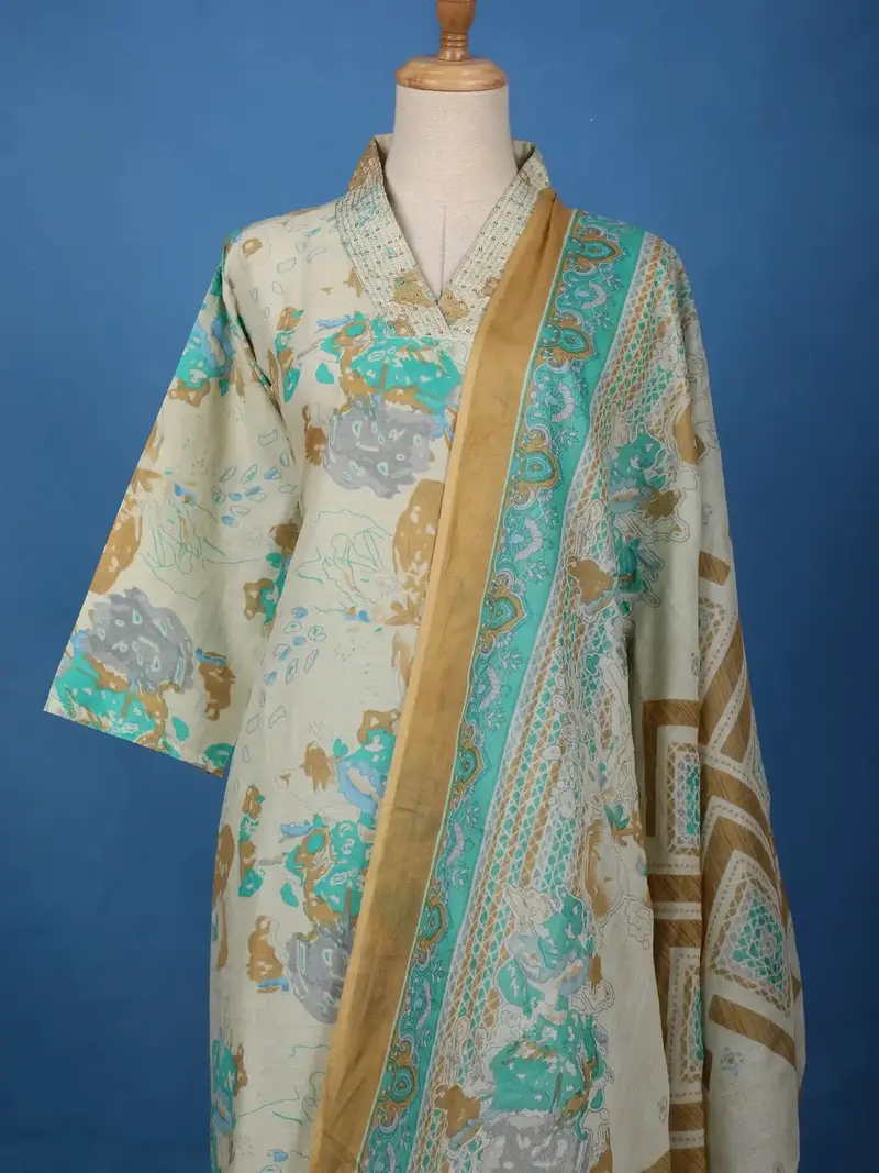 Beige Artistic Printed Cotton Salwar Suit 2