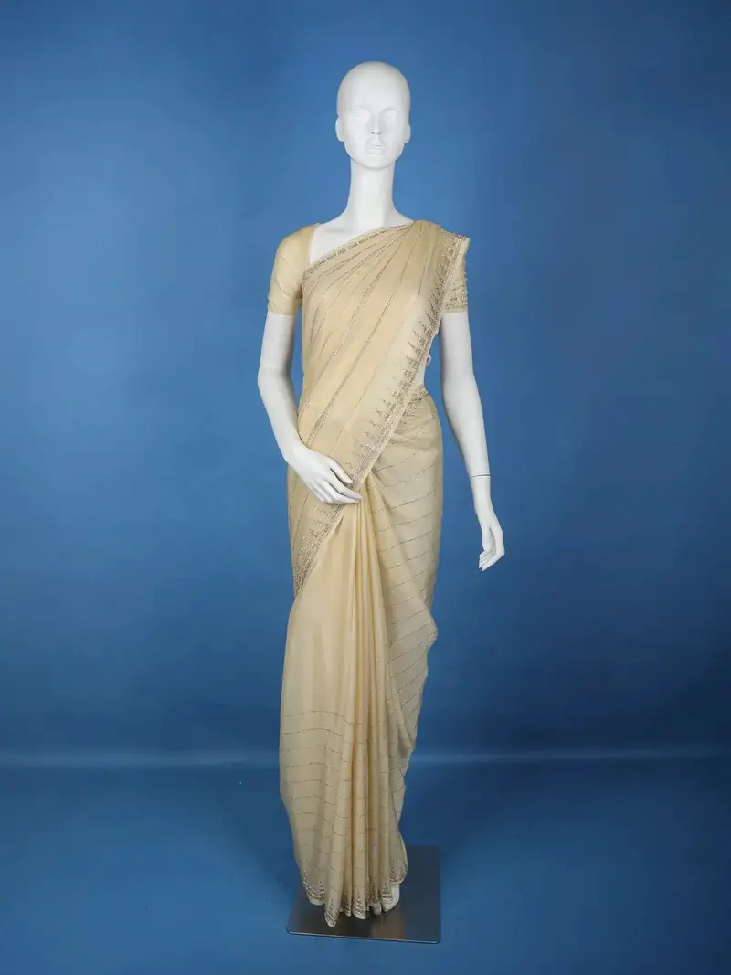 Beige Bead Work Designed Organza Designer Saree 1