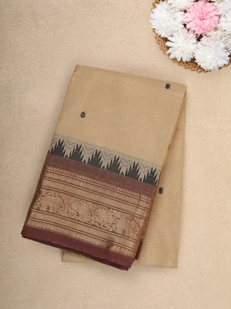 Beige Butta Design Cotton Saree With Brown Zari Temple Border 1