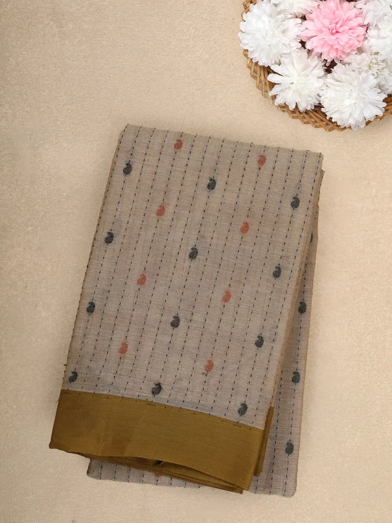 Beige Butta Design Cotton Saree With Olive Green Border 1