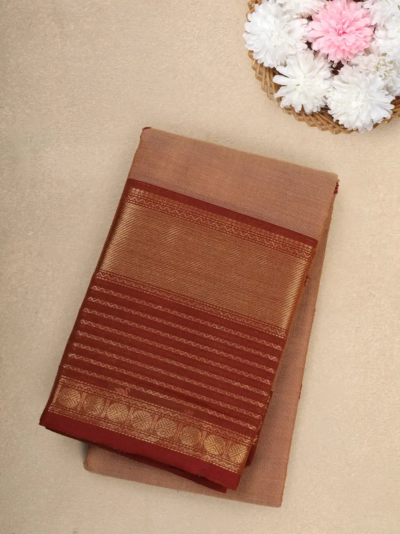 Beige Butta Design Cotton Saree With Red Zari Woven Border 1