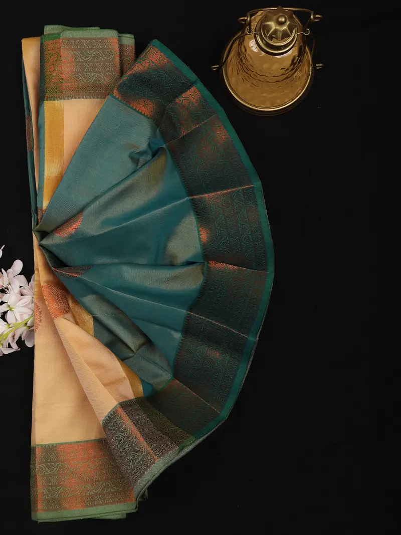 Beige Butta Woven Soft Silk Saree With Contrast Green Border 2