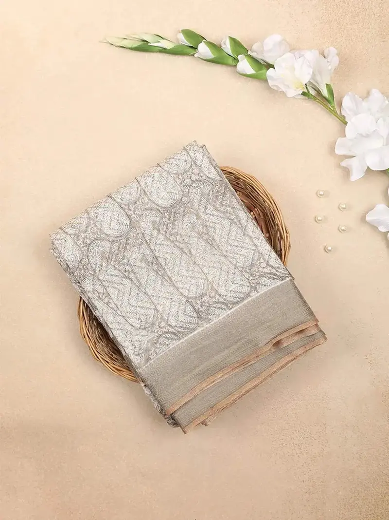 Beige Chanderi Silk With Paisley Pattern On The Body With Matching Border 1