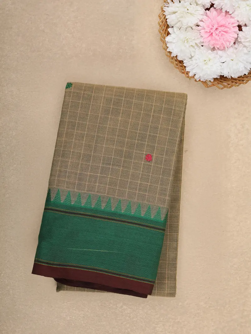 Beige Checked Design Cotton Saree With Green Temple Border 1