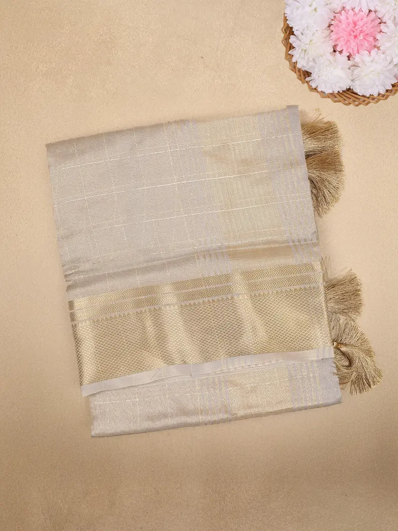 Beige Checked Woven Tissue Saree With Golden Zari Border 1