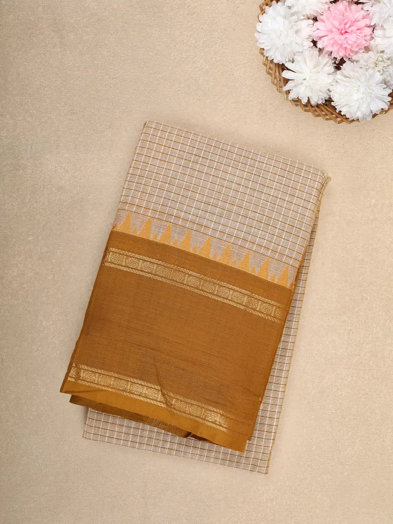 Beige Checks Design Cotton Saree With Sandal Woven Border 1