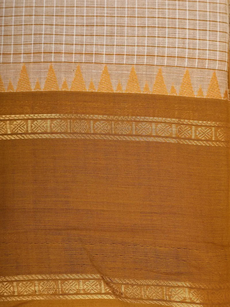 Beige Checks Design Cotton Saree With Sandal Woven Border 2