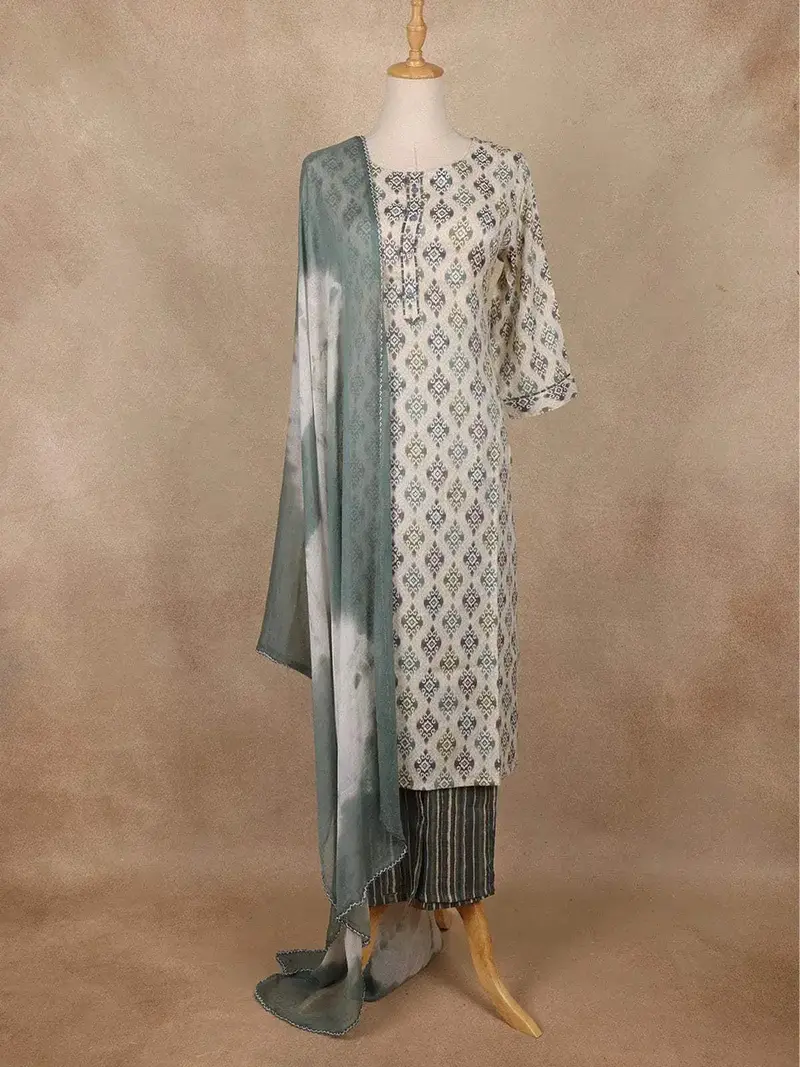 Beige Cotton Linen Abstract Printed Salwar Suit 1