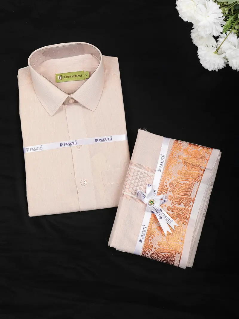 Beige Cream Solid Woven Design Shirt With Zari Border Matching Dhoti Set 1