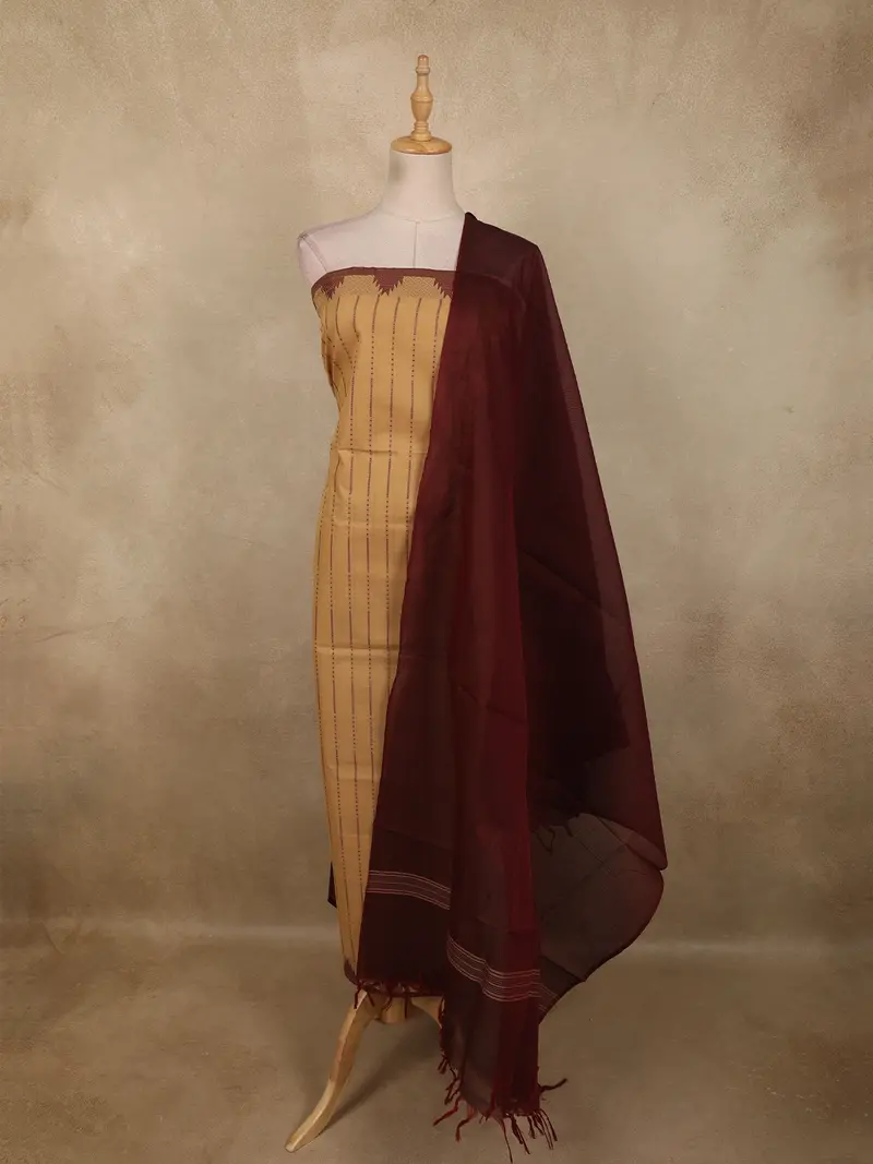 Beige Cream Vertical Striped Design Cotton Unstitched Salwar Material With Contrast Dupatta 1