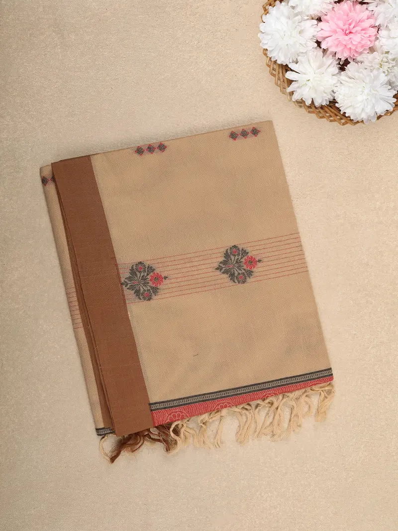 Beige Floral And Stripes Design Cotton Saree With Contrast Brown Border 1