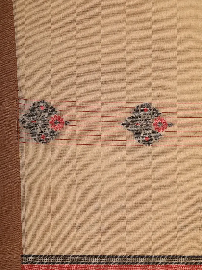 Beige Floral And Stripes Design Cotton Saree With Contrast Brown Border 2